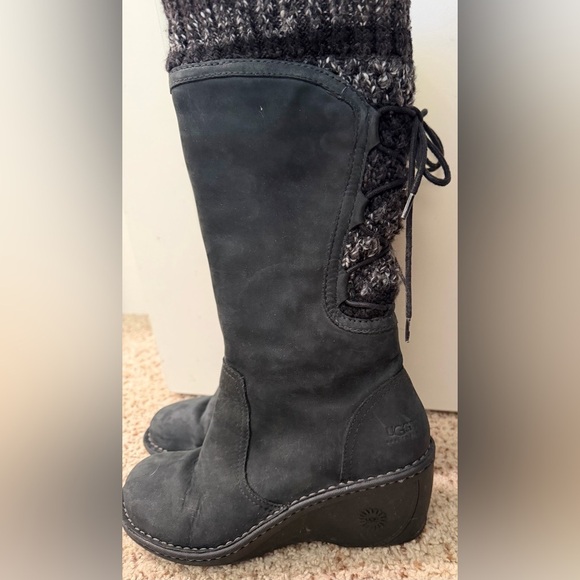 UGG Skylair Knit Black Leather Shearling Lined Women Boots  UGG Australia Skylair Tall Leather & Chunky Knit Boots w/ Shearling Lining, 39/8